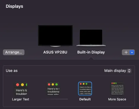macOS Displays settings for an ASUS VP28U monitor with the Larger Text, Default and More Space options
