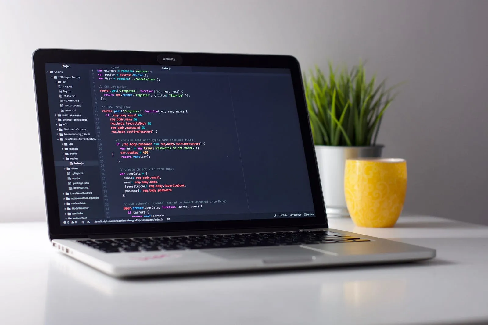 Laptop with source code open in an editor on a white desk, next to a potted plant