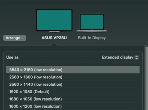 macOS Ventura Displays settings listing pixel resolutions, with 1920 × 1080 marked as the default